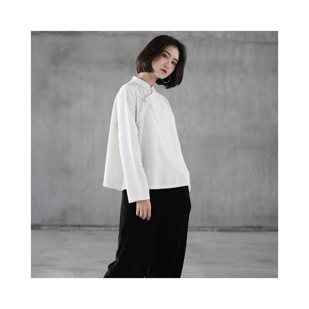 Chinese style cotton and linen button up shirt women s standing collar slanted collar long sleeved tea suit retro base white shirt Zen style pullover top image 5