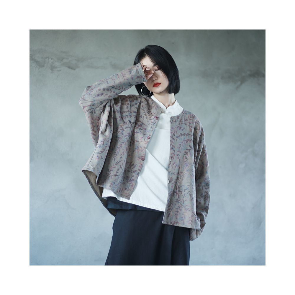 Spring Literature Cotton and Hemp Printed Short Coat Round Neck Long Sleeve Loose Pair Cardigan Retro Large Pocket Contrast Top image 3
