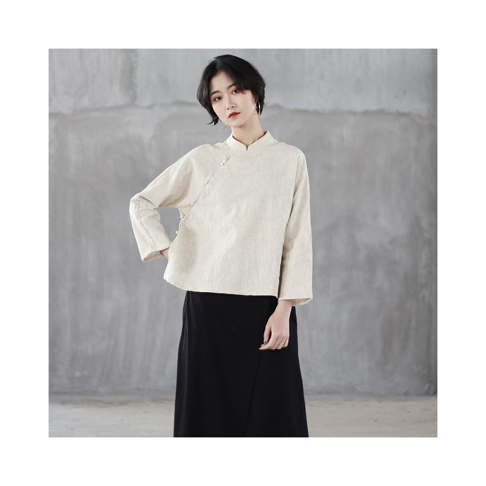 Spring and Autumn Chinese Style Shirt Women s Stand Collar Slant Lapel Beaded Tea Dress Cotton and Linen Jacquard Blouse Nine point Sleeve Loose Top image 0
