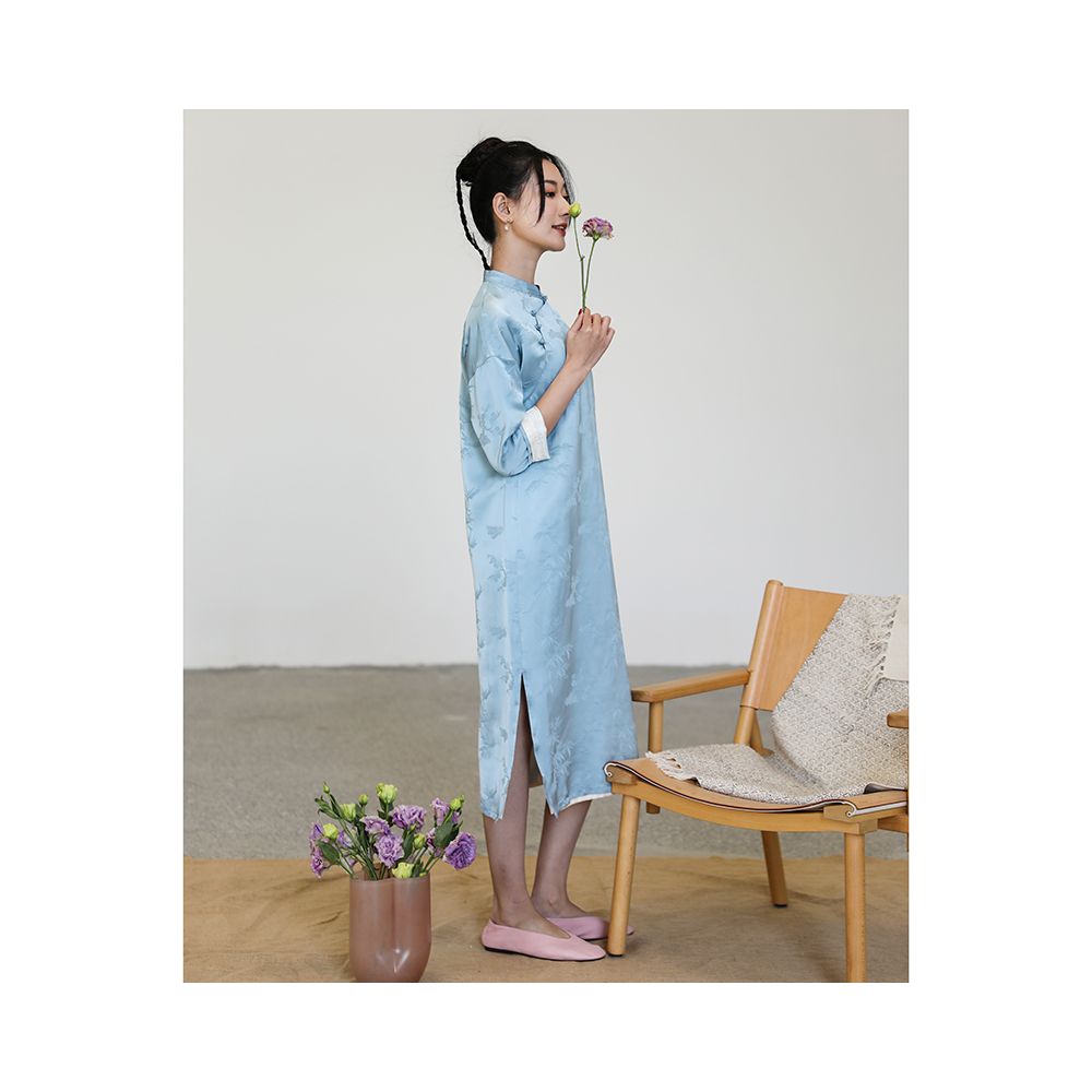 Taozhiyaoyao 2023 Spring Plum Orchid and Bamboo National Tide New Chinese Style Literary Acetate Three Dimensional Flower Improved Cheongsam Skirt Solid Color image 3