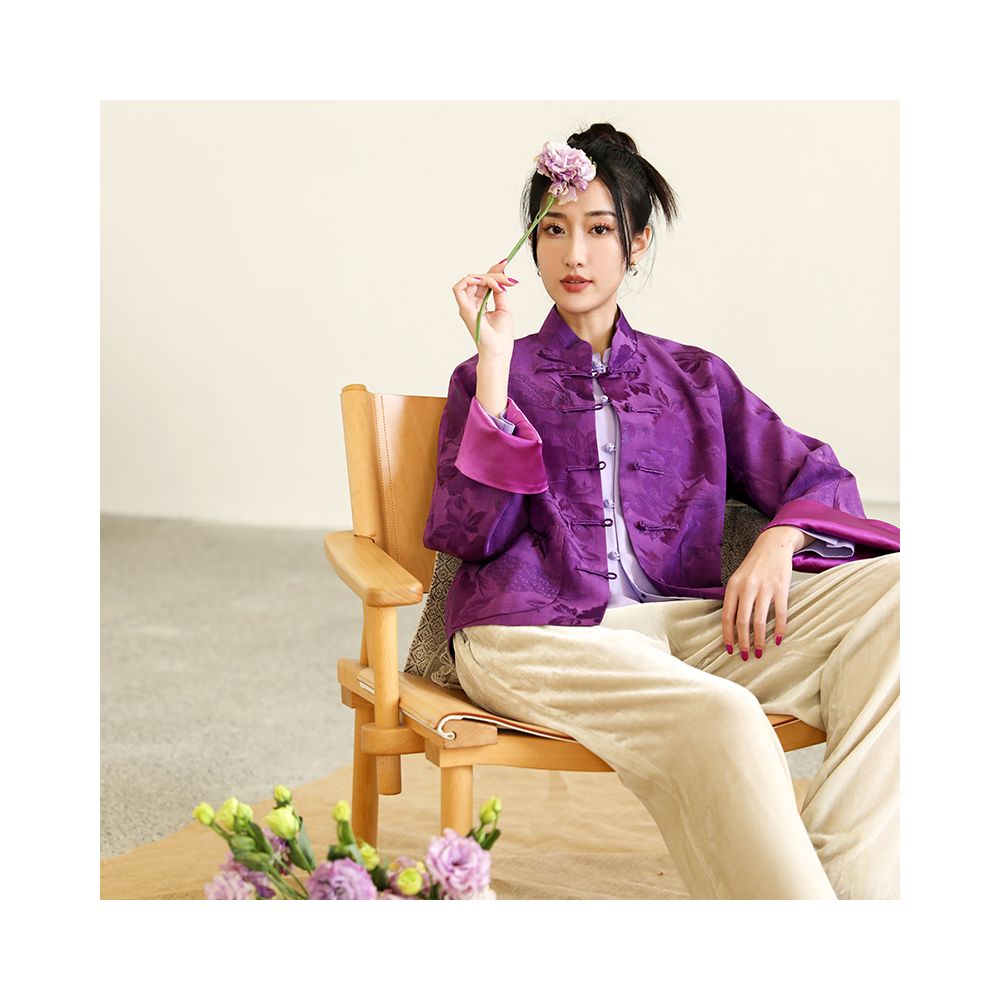 Taozhi Yaoyao 2023 Spring Purple Chinese Style Art Spring and Autumn Standing Collar Sandwich Jacquard Buckle Coat Solid Color Purple image 1