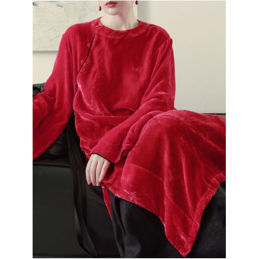 TAORAN women s clothing new Chinese style improved cheongsam top for young women red velvet shirt Zen tea suit image 6