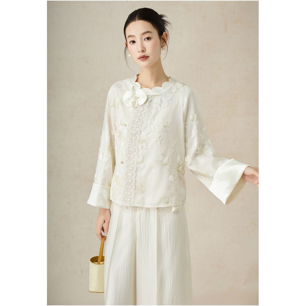 SHIBAI s White Drunken Flower Shade New Chinese Heavy Industry Embroidery Three Dimensional Flower Design Light Luxury Chinese Style Elegant White Coat image 10