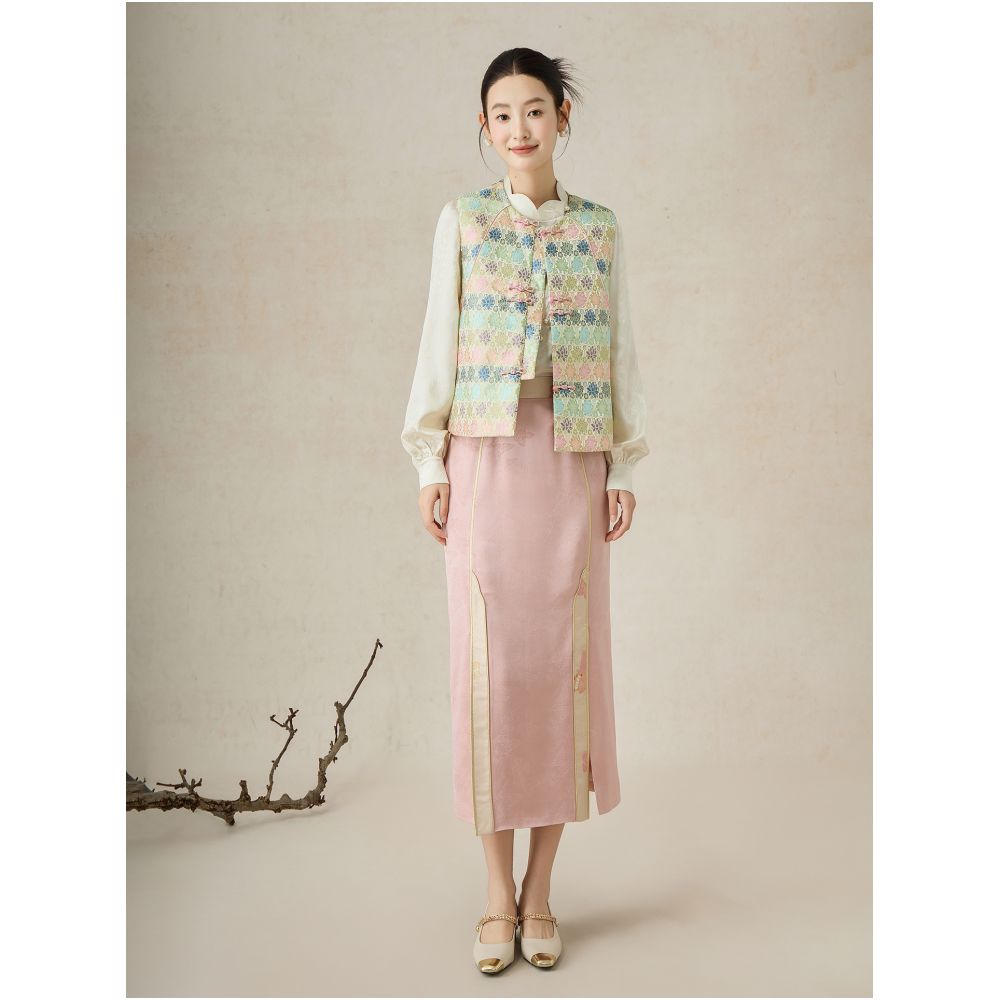 SHIBAI picks up white multi color flowers autumn and winter improvement new Chinese style round neck Chinese style jacquard cotton clip sleeveless layered vest image 1