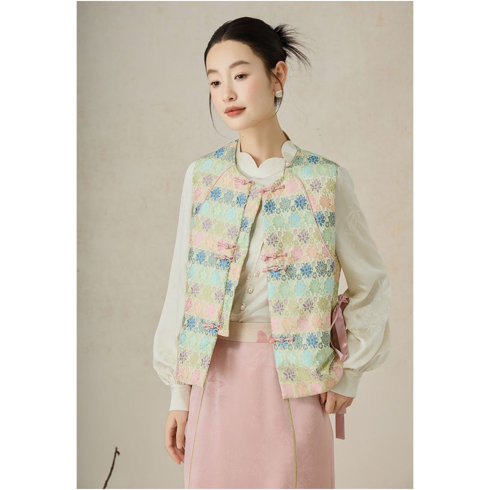 SHIBAI picks up white multi color flowers autumn and winter improvement new Chinese style round neck Chinese style jacquard cotton clip sleeveless layered vest image 11