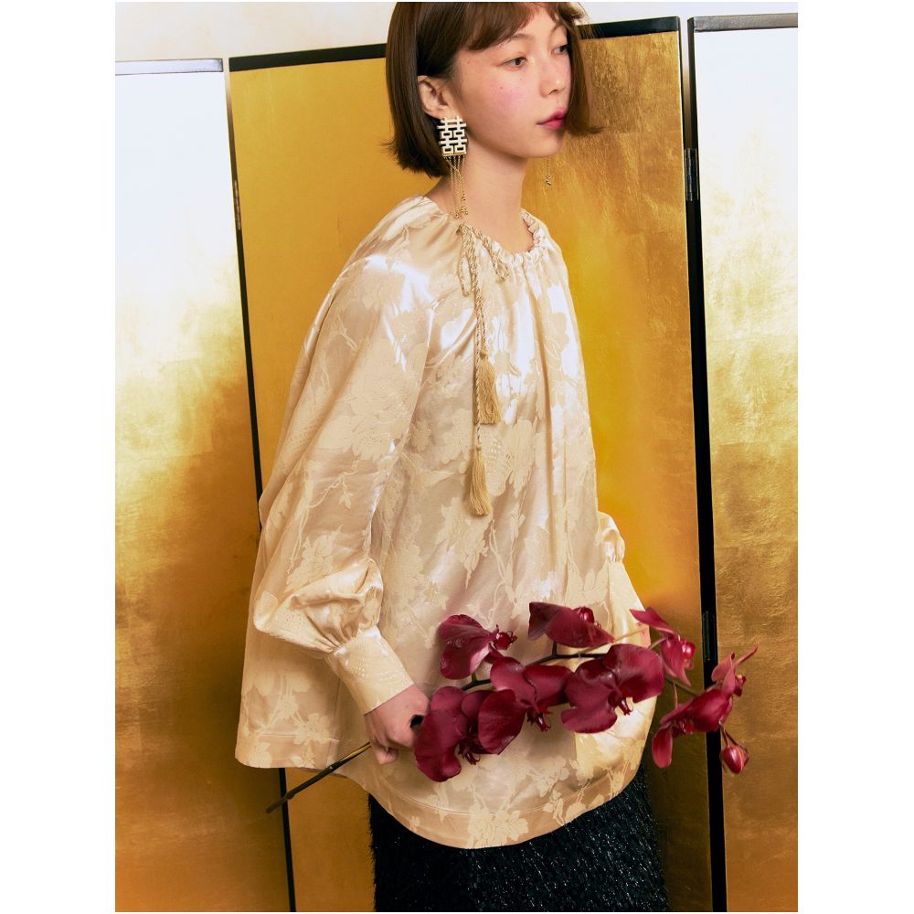 YUANYE New Chinese Champagne Jacquard Drawstring Tassel Lantern Sleeve A line Shirt Spring and Autumn image 9