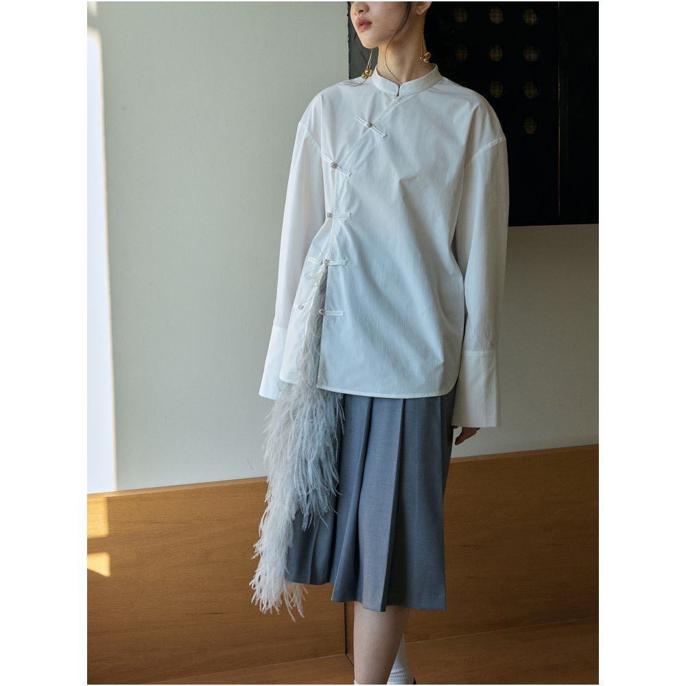 YUANYE Yuanye Rice Paper Texture Original New Chinese White Simple All match Button Loose Stand Collar Shirt image 9