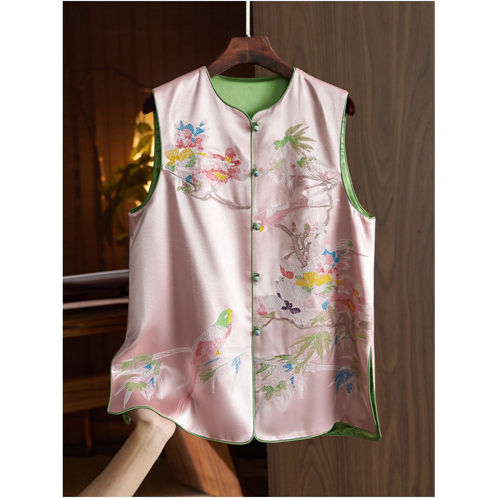 Light luxury and high end acetic acid vest women s 2023 summer new style Chinese style flower and bird embroidery vest top image 1