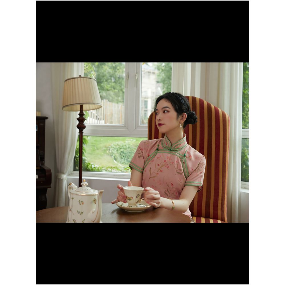 Ruhuan Fuxia Ancient Double breasted Cheongsam Retro Republic of China Style Girl Young Style Fresh Peach Pink Chiffon Cheongsam image 21