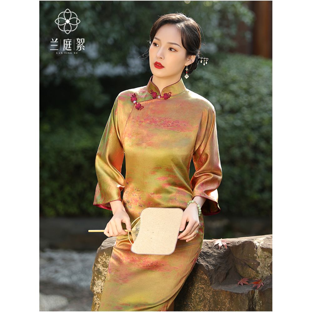 Lanting fluff 40mm heavy satin front spray fragrant cloud yarn long sleeved young style traditional ancient style cheongsam daily retro color image 0
