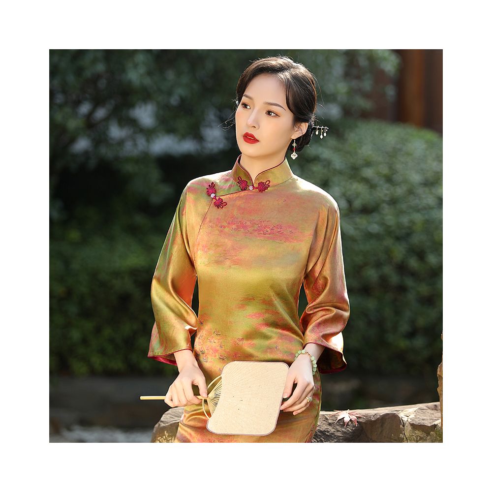 Lanting fluff 40mm heavy satin front spray fragrant cloud yarn long sleeved young style traditional ancient style cheongsam daily retro color image 16