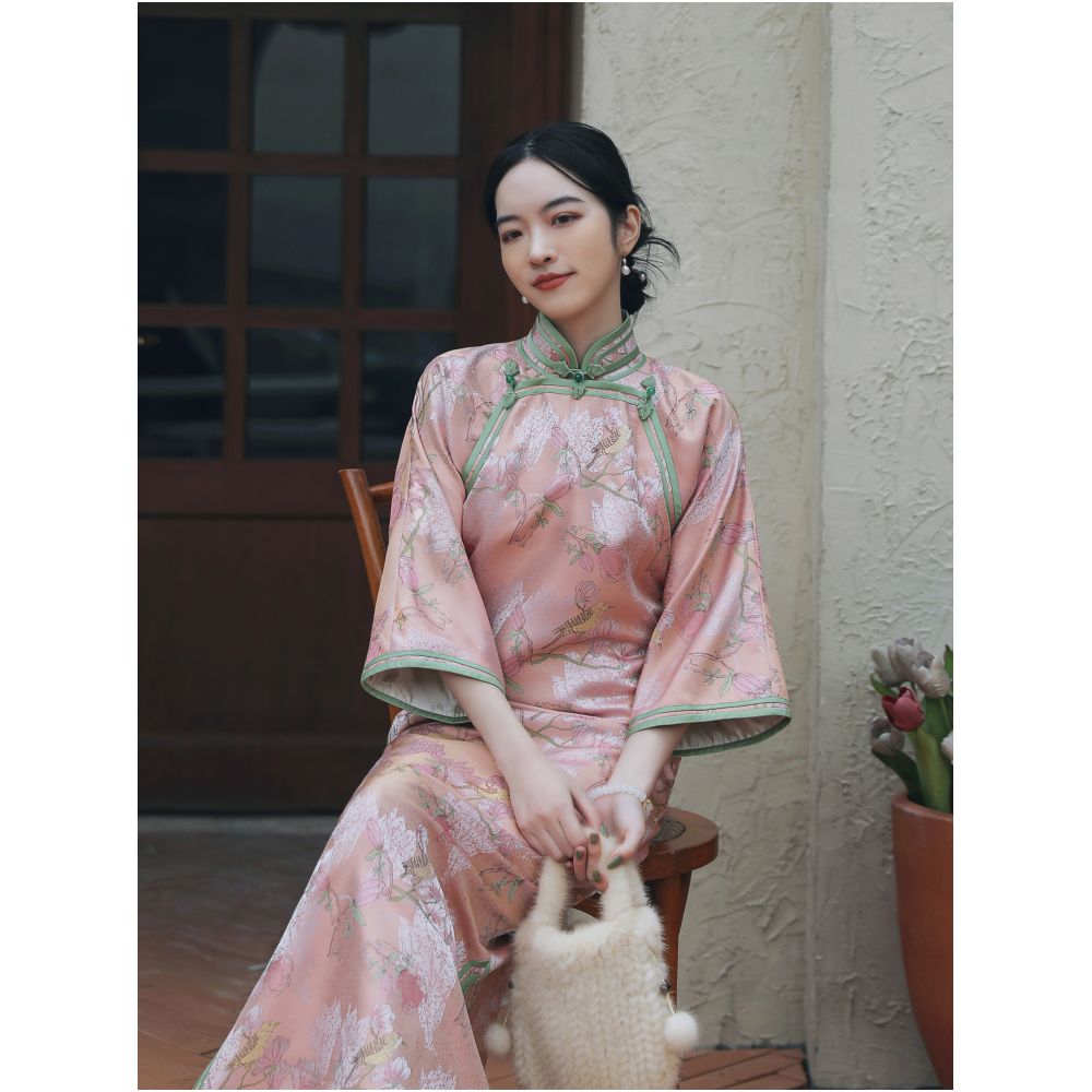 Xiaoxi Fu Xia Chinese Style Double breasted Cheongsam Autumn and Winter Flower and Bird Jacquard Ancient Method Inverted Big Sleeves New Chinese New Year s Clothing image 7