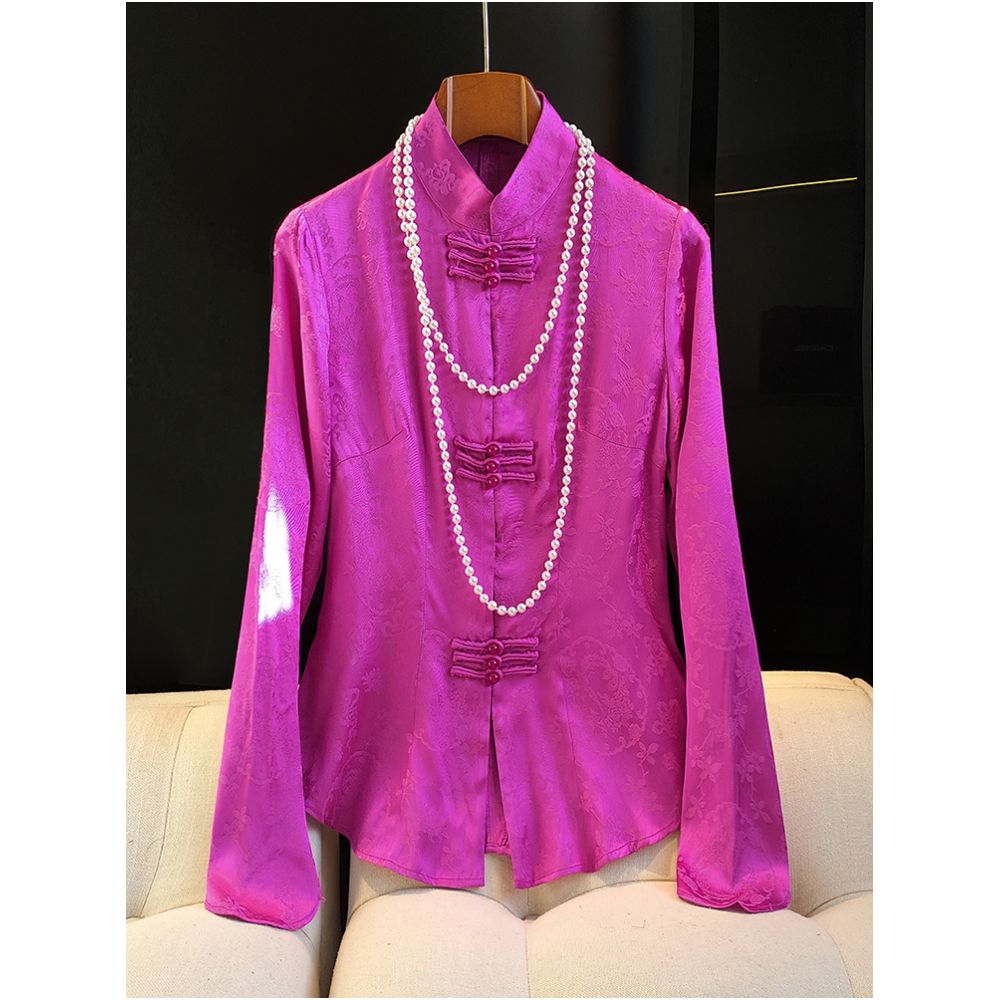 Chinese style stand up collar silk satin shirt top women s design sense niche waist cinching and slimming improved cheongsam shirt image 0