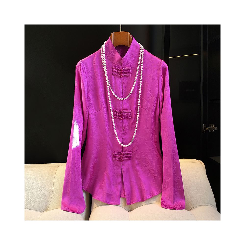 Chinese style stand up collar silk satin shirt top women s design sense niche waist cinching and slimming improved cheongsam shirt image 7