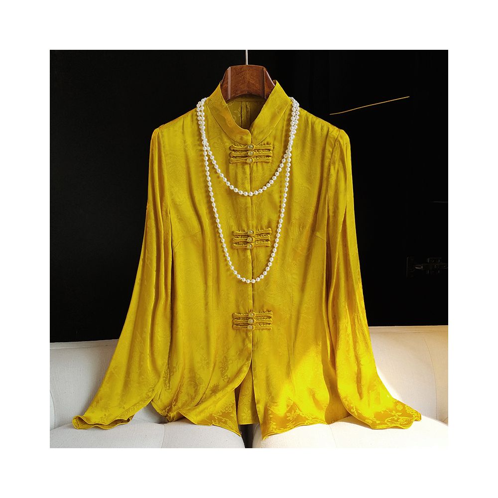 Chinese style stand up collar silk satin shirt top women s design sense niche waist cinching and slimming improved cheongsam shirt image 29