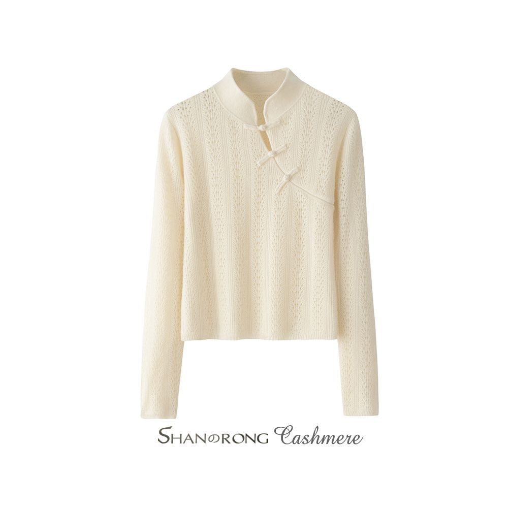 Retro ethnic style 100 cashmere sweater women s stand up collar buckle autumn and winter knitted sweater temperament qipao top image 0