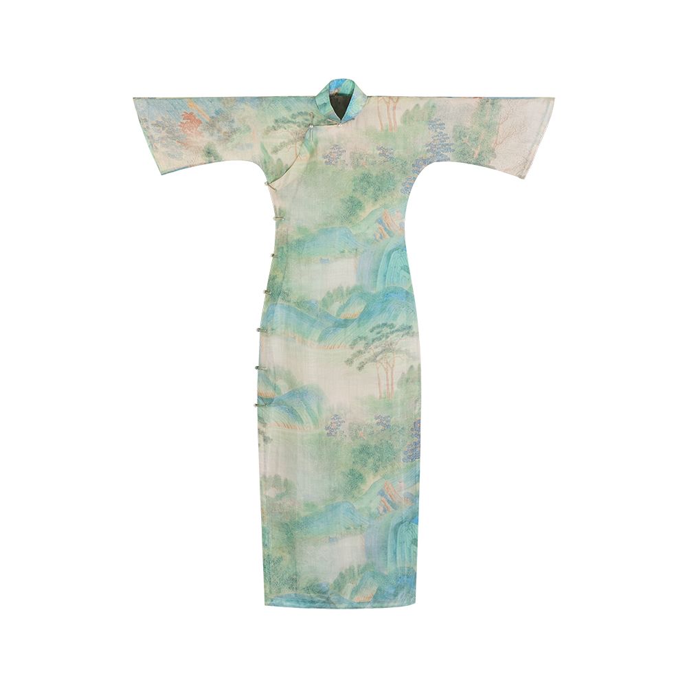 Landscape painting screen One city style fluff Retro Republic of China style inverted large sleeves full open cheongsam dress for daily use image 8