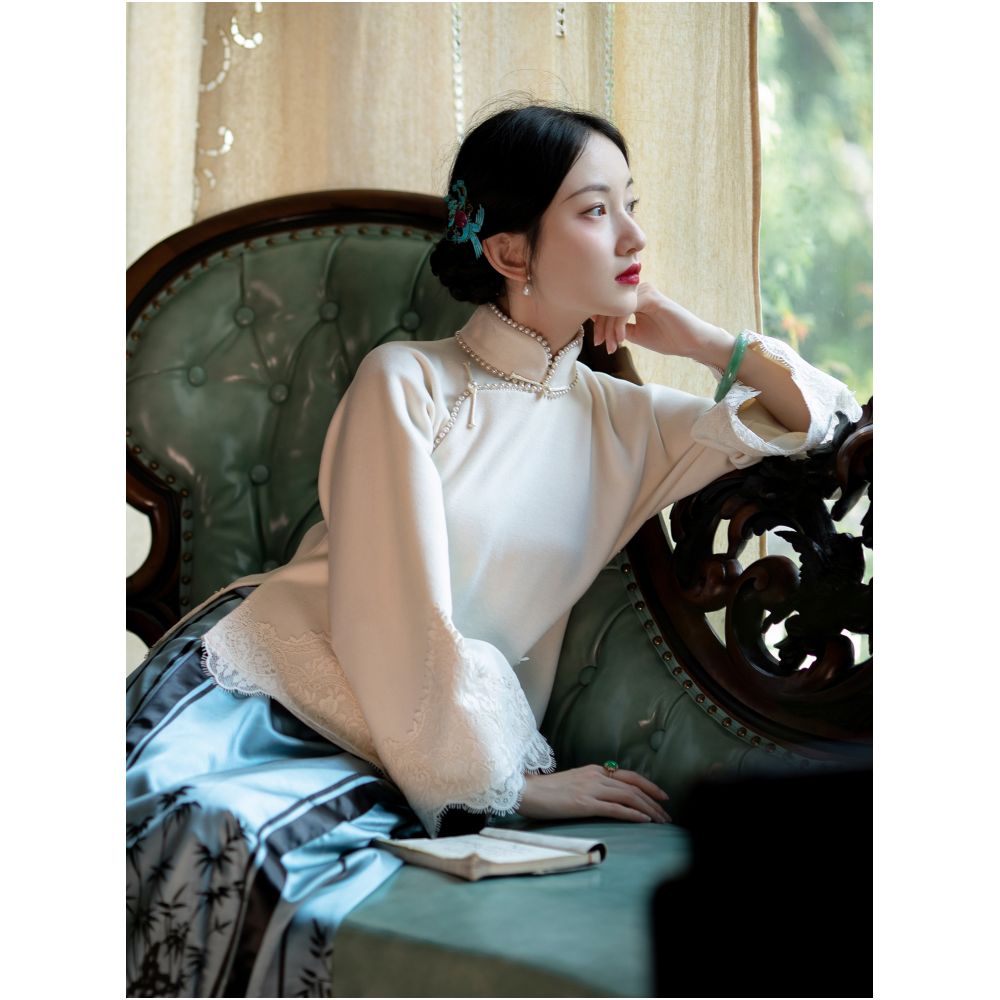 Jingsi Wan One City Style Plush Young Style Daily Lace Edge Inverted Big Sleeve Top Republic of China Style Retro image 1
