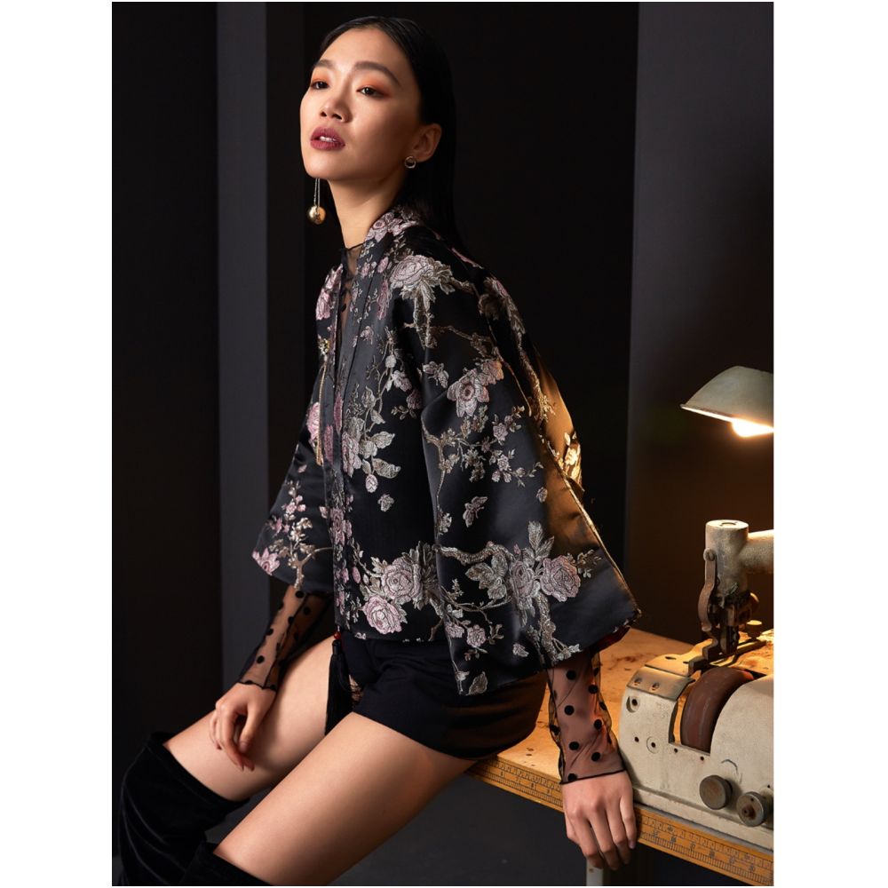 Original designer from Jiro women s dark silk and Japanese style improved wide sleeved tassel Tang style short jacket image 0