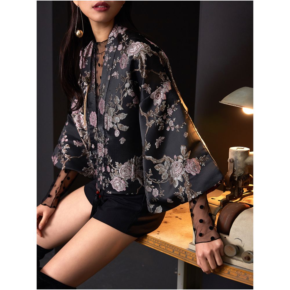 Original designer from Jiro women s dark silk and Japanese style improved wide sleeved tassel Tang style short jacket image 7