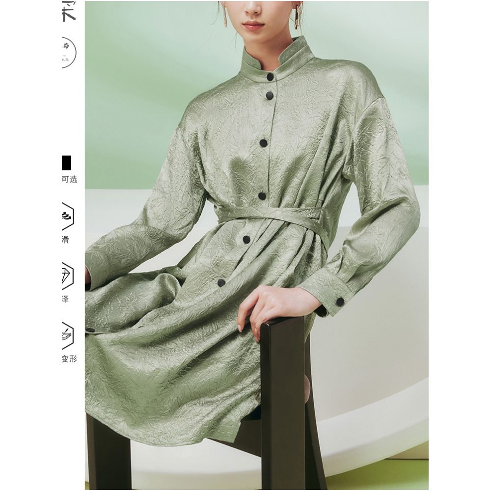 Hua Mu Shen Chinese style vinegar dress women s loose texture shirt skirt stand collar tied long sleeved skirt new style image 1