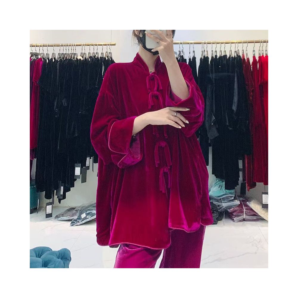 Good reputation CSZ012 fashionable new Chinese style silk velvet loose retro double breasted jacket top spring and autumn women image 122