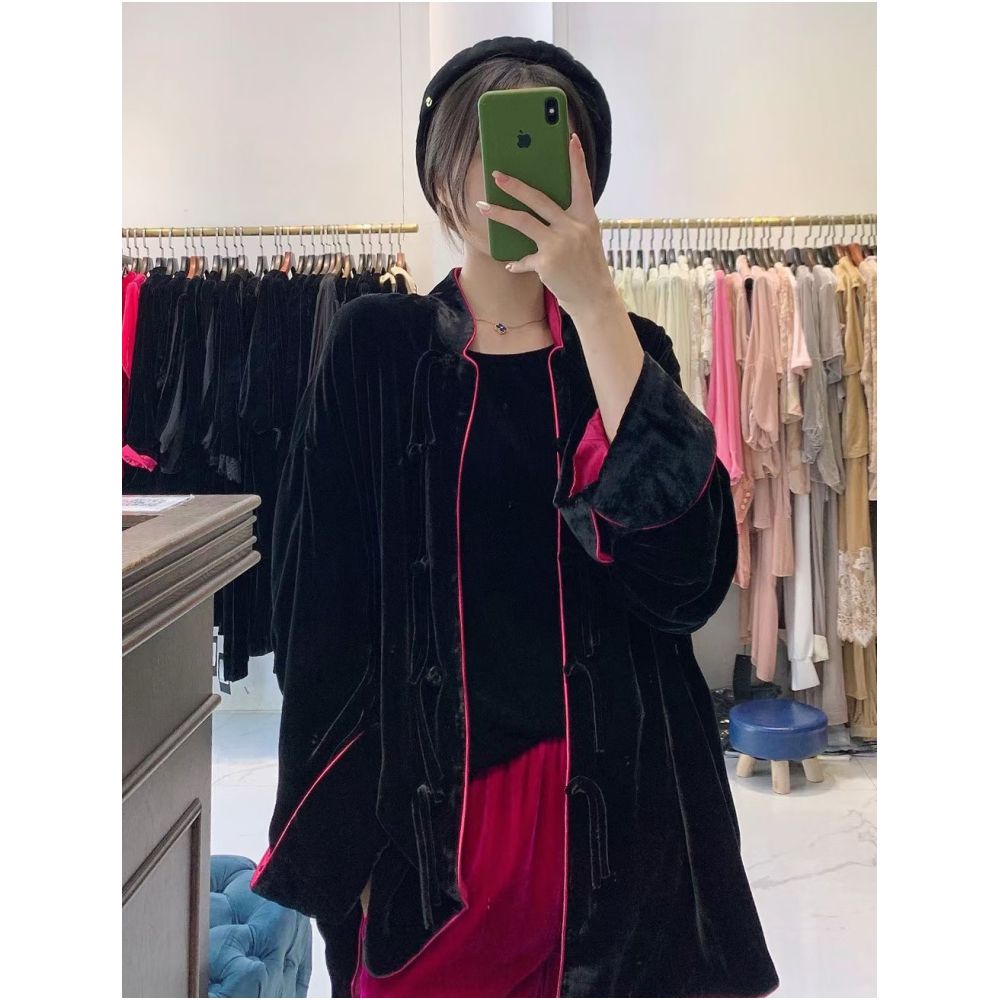 ASAYA1688 fashionable new Chinese style silk velvet loose retro double breasted jacket top spring and autumn women
