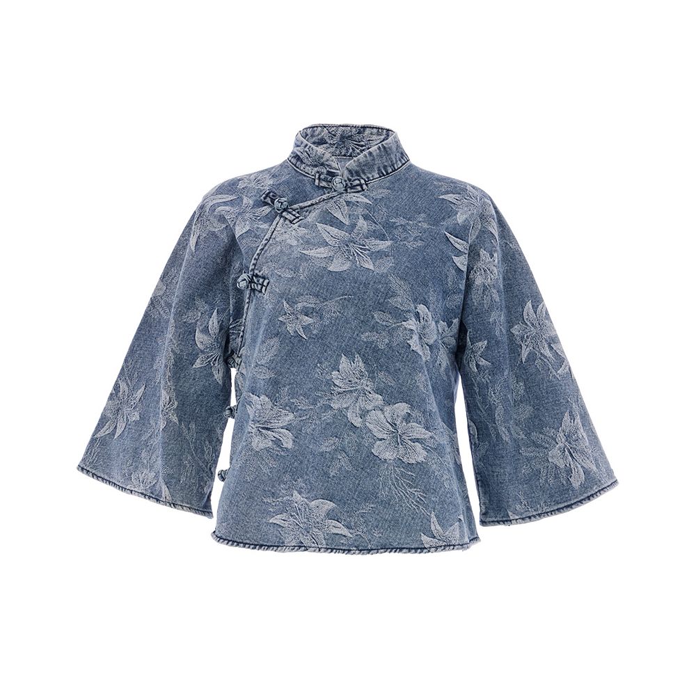 Hua Mu Shen Chinese style cotton denim jacket for women retro stand up collar with buckle short top new jacquard waist cinching women s clothing image 9