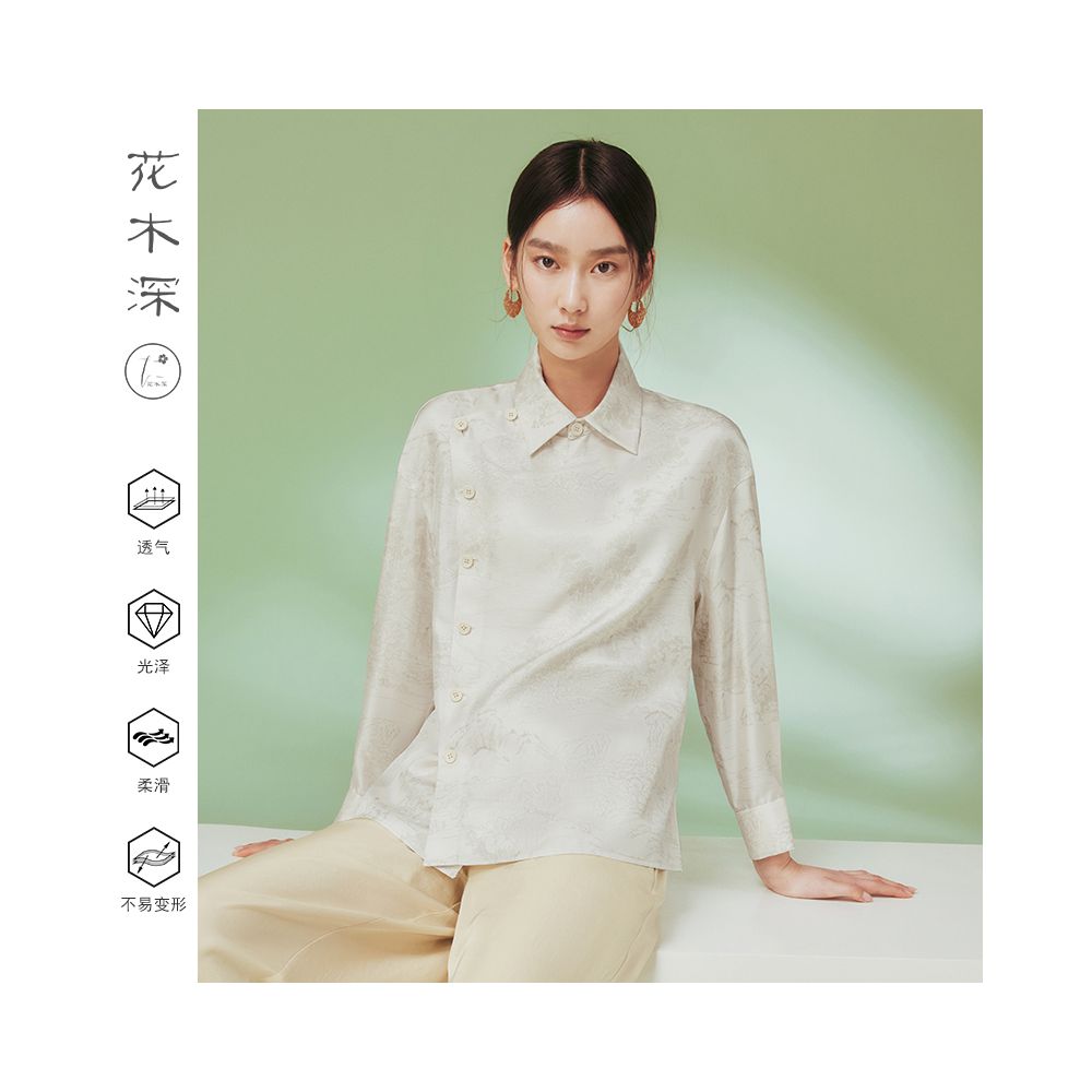 Flower and Tree Deep 18mm Heavy duty Silk Shirt for Women Original Chinese Style Printed Top New Version Collar Long Sleeve Women s Clothing image 1