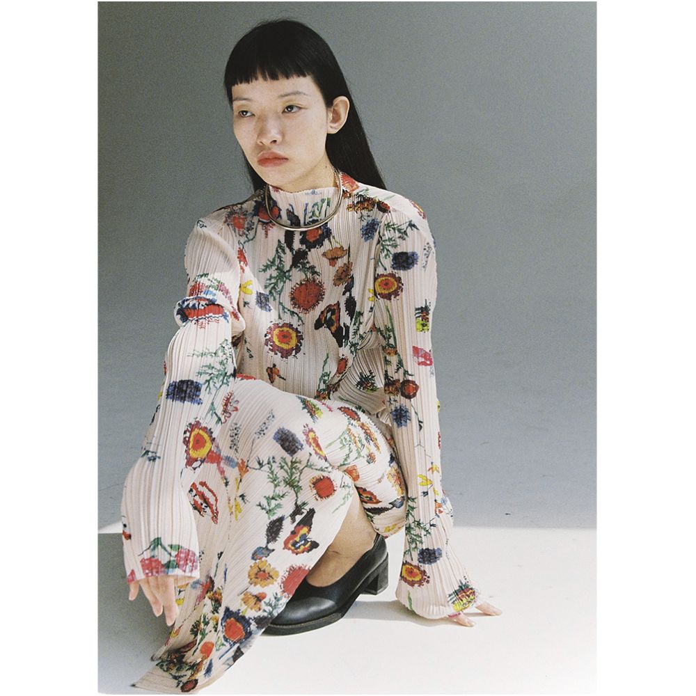 TLonely1 long sleeved base pleated print stand up collar long sleeved pullover floral long sleeved T shirt image 1