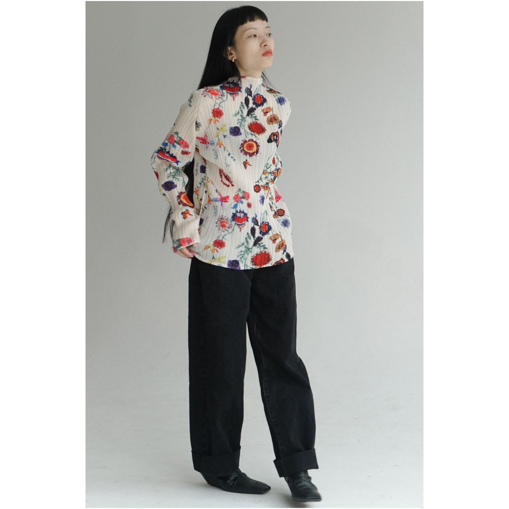 TLonely1 long sleeved base pleated print stand up collar long sleeved pullover floral long sleeved T shirt image 7