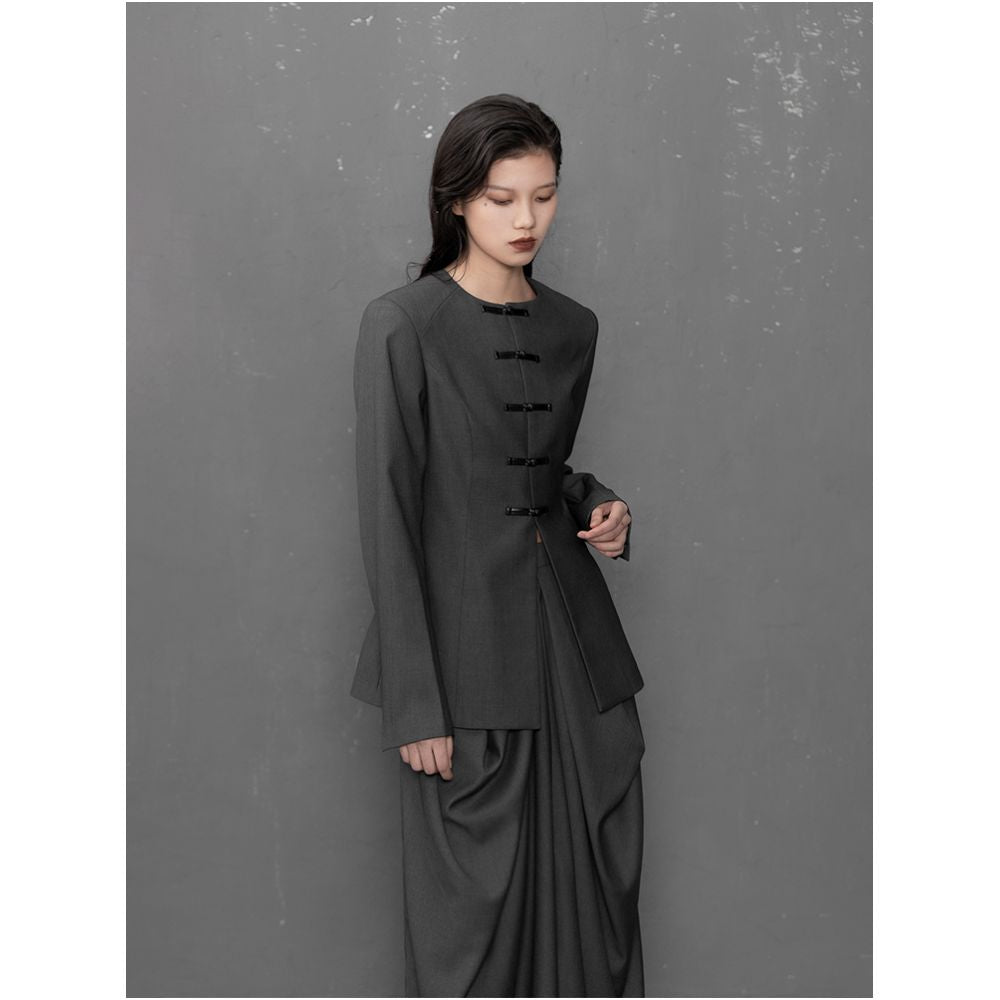 ASAYA1670 VAPOURBURE New Chinese style Pan Button Zhongshan Suit Women s Spring Retro Casual Collarless Slimming Suit Coat