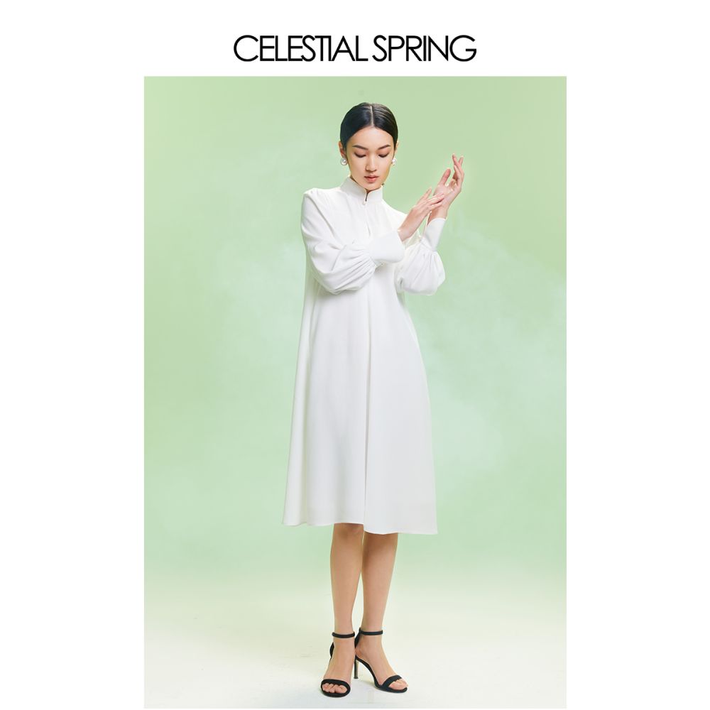 ASAYA1642 Poetry Rites Spring and Autumn New Chinese Style Cheongsam Collar Improved Flower Bud Sleeves Slimming and Heavy Weight Acetic Acid Style Dress Medium length Skirt for Women