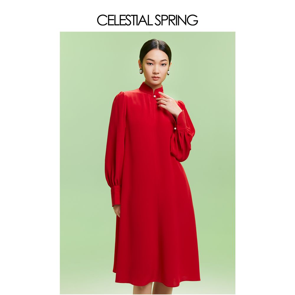 ASAYA1642 Poetry Rites Spring and Autumn New Chinese Style Cheongsam Collar Improved Flower Bud Sleeves Slimming and Heavy Weight Acetic Acid Style Dress Medium length Skirt for Women