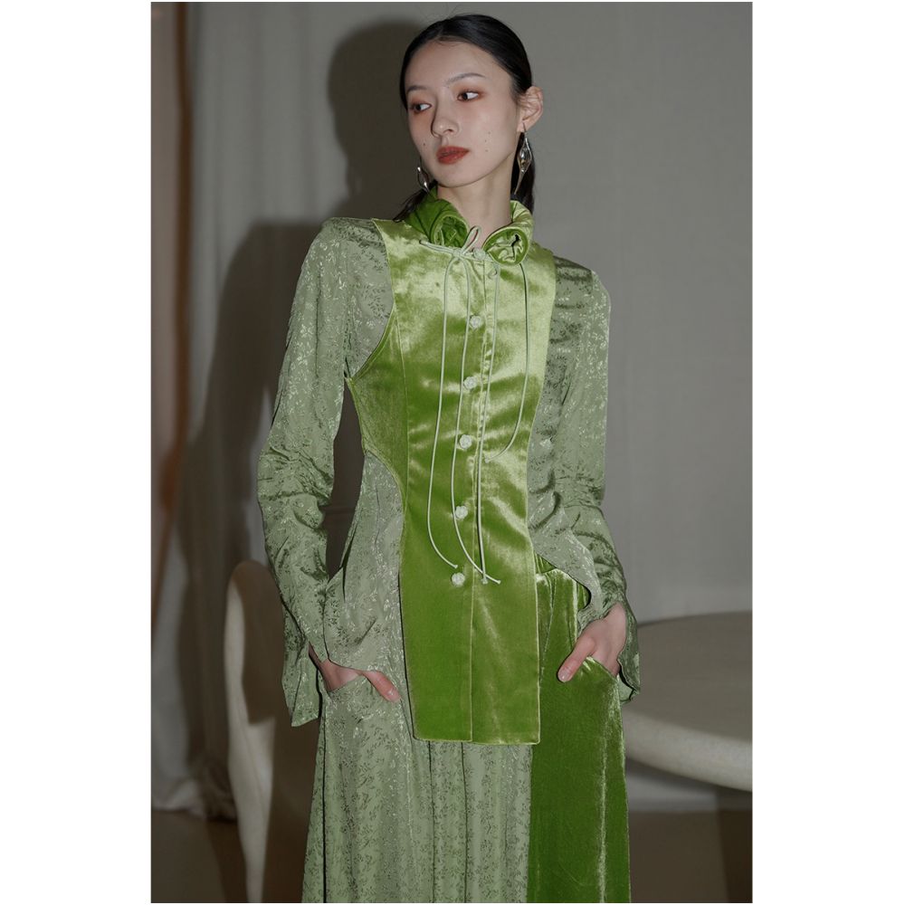Bad taste Western New Chinese style design handmade buckle splicing slim fit shirt top image 1