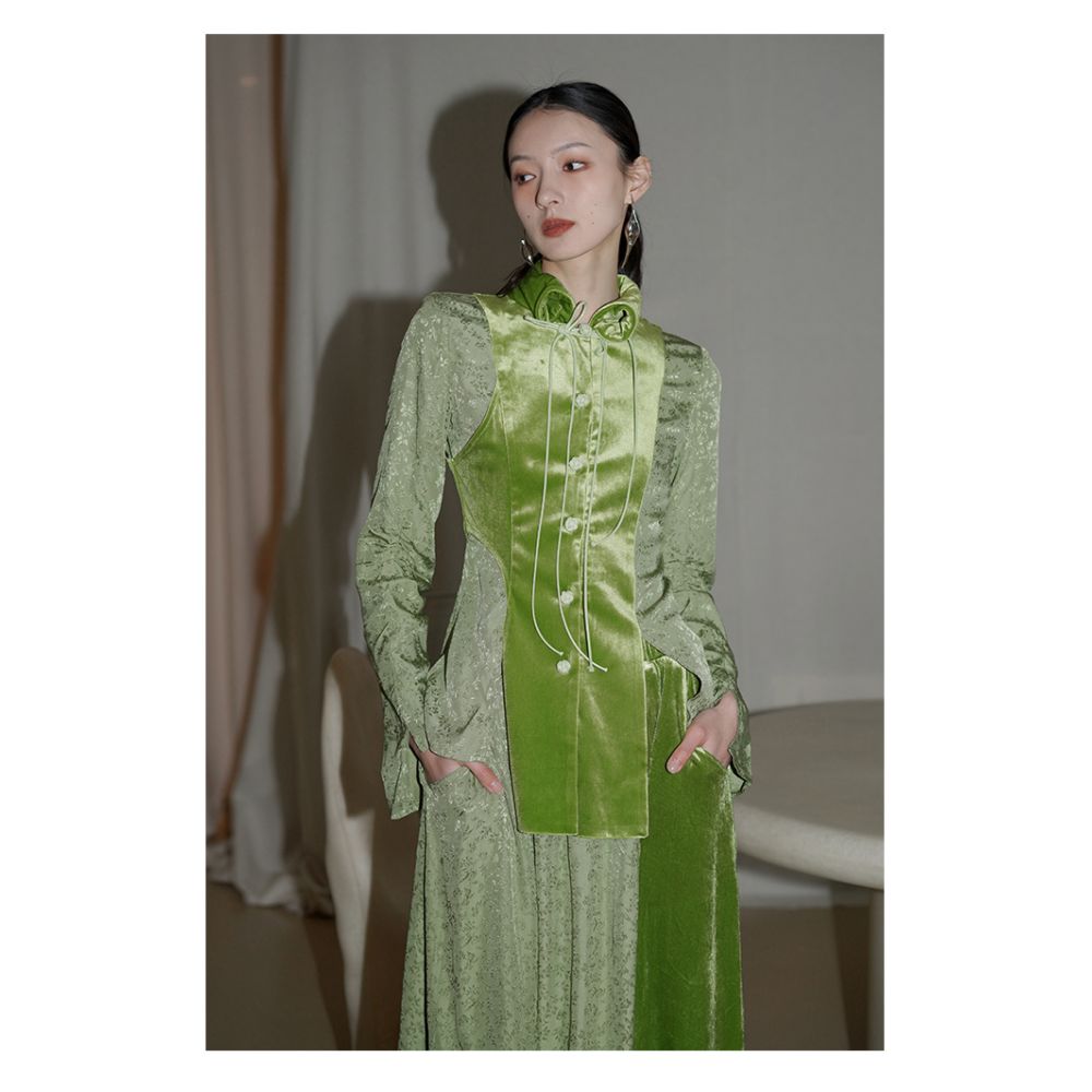 ASAYA1616  Bad taste Western New Chinese style design handmade buckle splicing slim fit shirt top