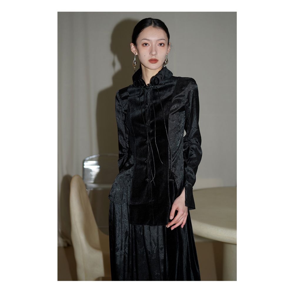 Bad taste Western New Chinese style design handmade buckle splicing slim fit shirt top image 23