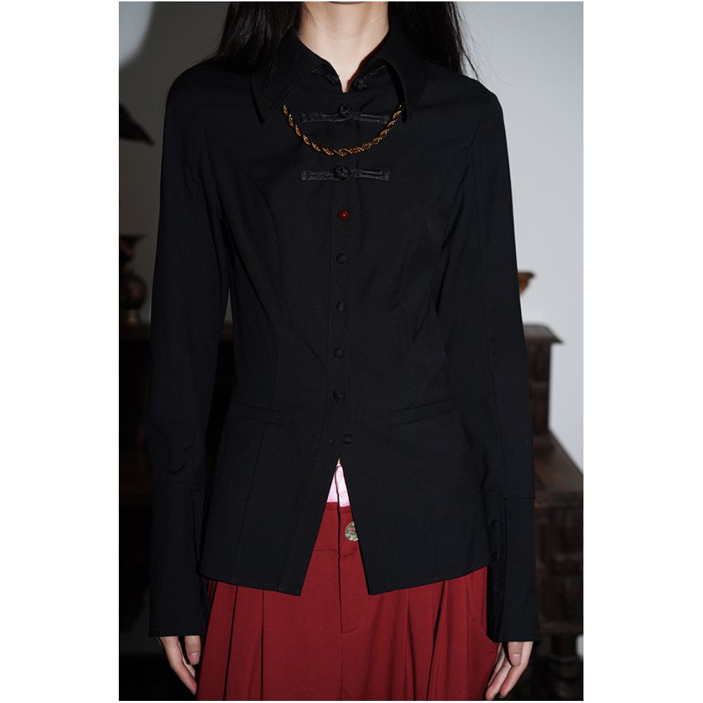 Bad Taste Western New Chinese Wool Blended Handmade Pan Button Hollow out Shirt Top image 6