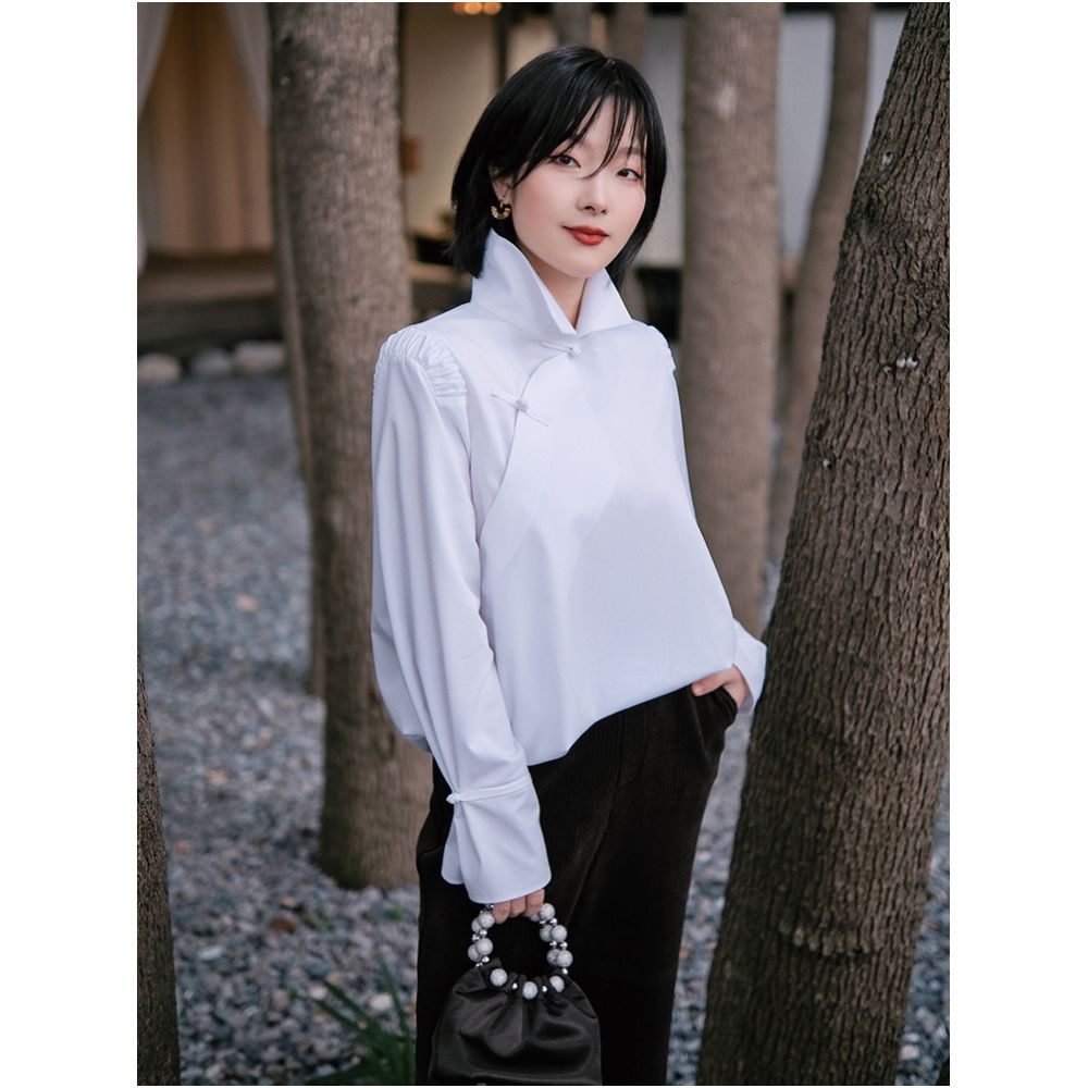 Interface bamboo fiber deconstructionist new Chinese style stand up collar buckle elegant and versatile right angled shoulder white shirt for women image 1