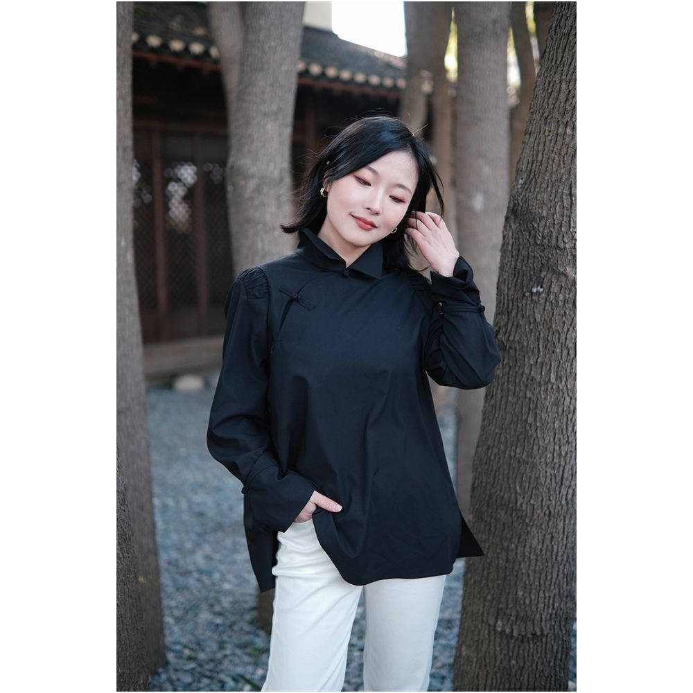 Interface bamboo fiber deconstructionist new Chinese style stand up collar buckle elegant and versatile right angled shoulder white shirt for women image 21