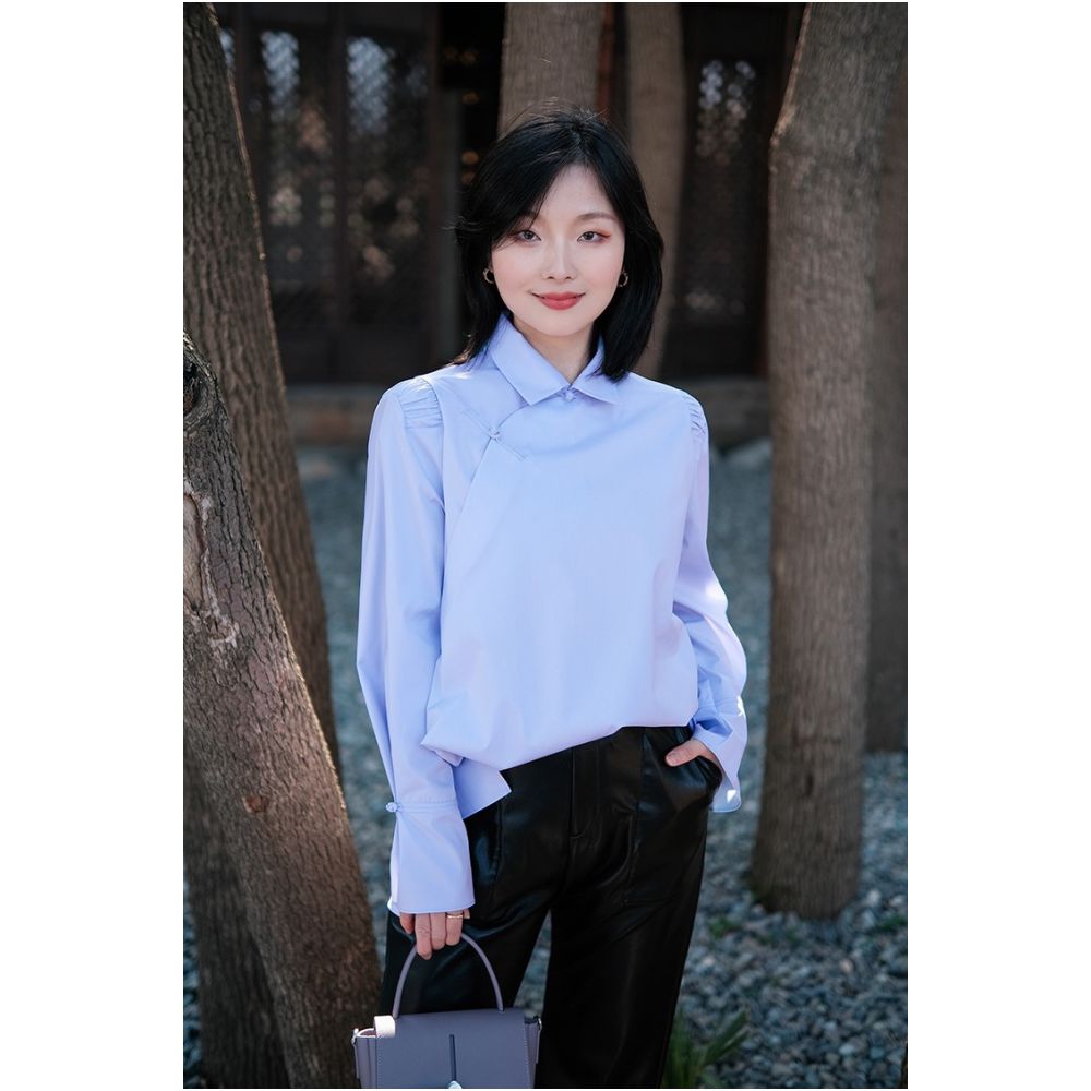 Interface bamboo fiber deconstructionist new Chinese style stand up collar buckle elegant and versatile right angled shoulder white shirt for women image 25