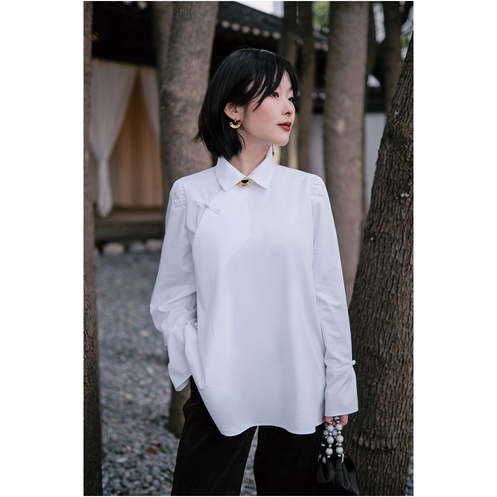 Interface bamboo fiber deconstructionist new Chinese style stand up collar buckle elegant and versatile right angled shoulder white shirt for women image 26