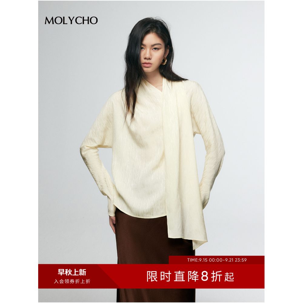 MOLYCHO French design style ribbon shirt women s autumn loose slimming top scarf collar long sleeved shirt image 1