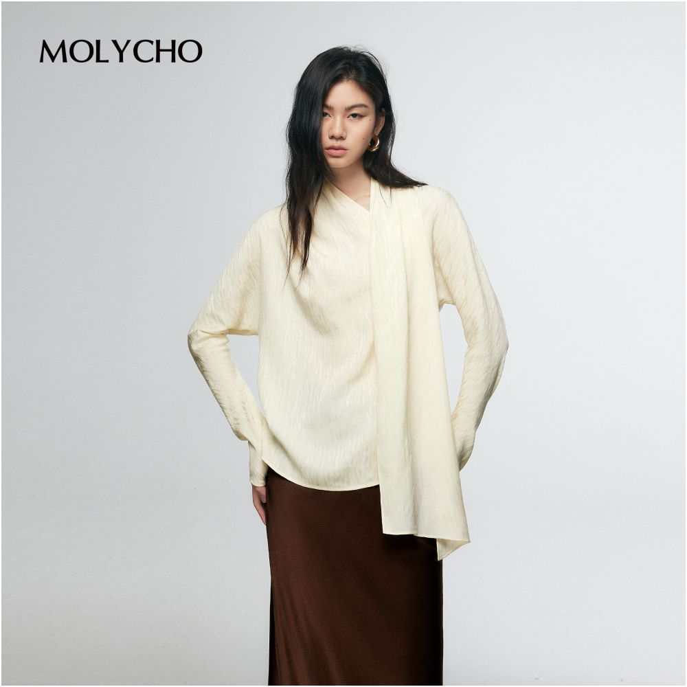 MOLYCHO French design style ribbon shirt women s autumn loose slimming top scarf collar long sleeved shirt image 9