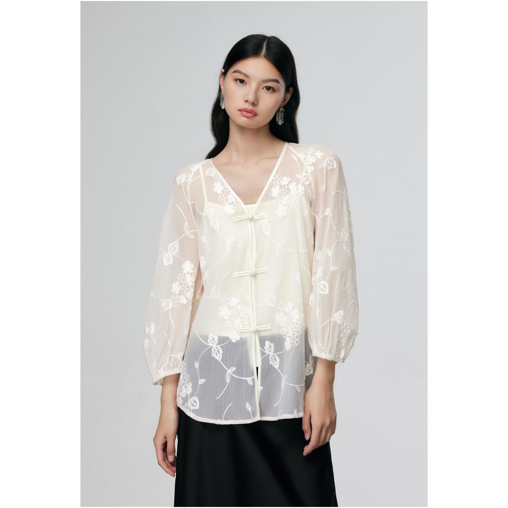 MOLYCHO Spring Summer Thin New Chinese style Pan Button Shirt Women s Summer Chinese Style Zen Style Shirt V neck Embroidered Top image 9