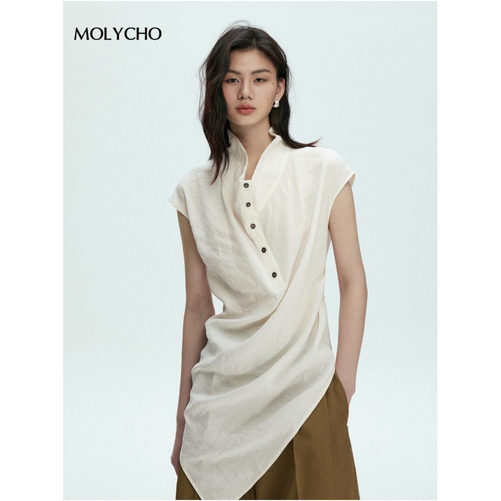 MOLYCHO Artistic style chic design short sleeved shirt for women loose and slimming shirt lace up waist cinching top image 0