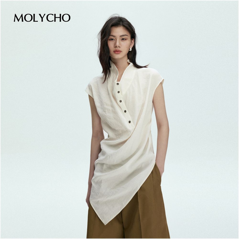 MOLYCHO Artistic style chic design short sleeved shirt for women loose and slimming shirt lace up waist cinching top image 9