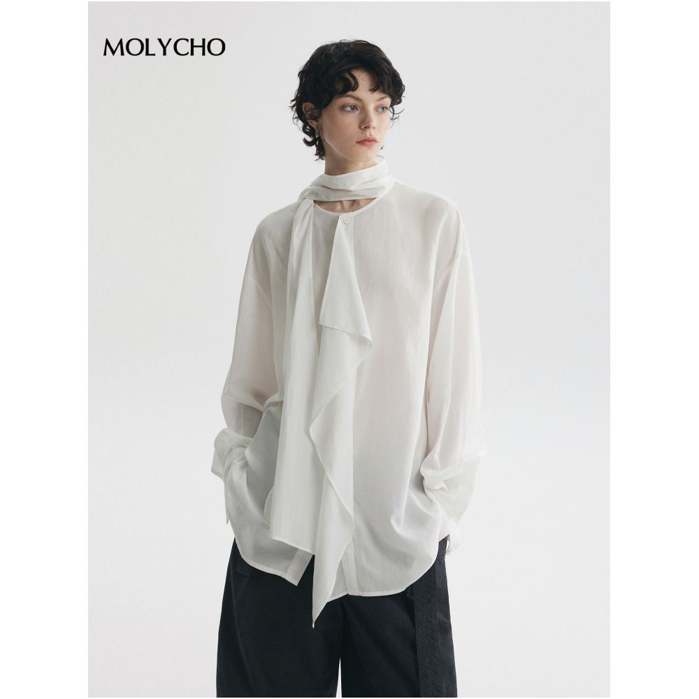 MOLYCHO Fashionable and casual white ribbon ruffled long sleeved shirt for women loose fitting shirt lightweight top image 0