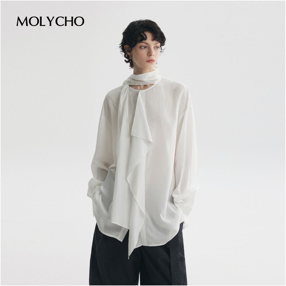 MOLYCHO Fashionable and casual white ribbon ruffled long sleeved shirt for women loose fitting shirt lightweight top image 8