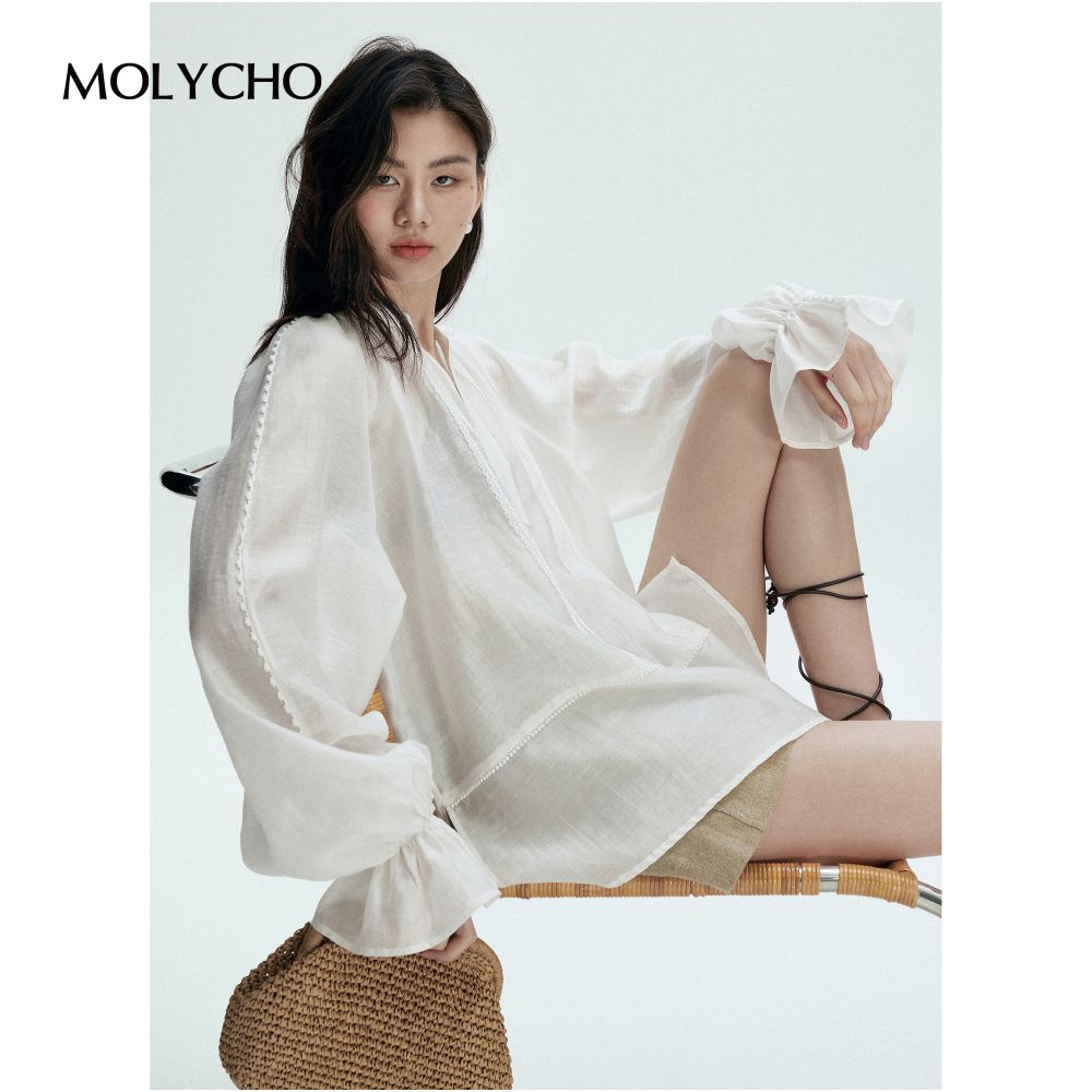 MOLYCHO Bohemian Style Thin White Shirt for Women s Summer Loose Sunscreen Cover Micro Transparent Top image 10
